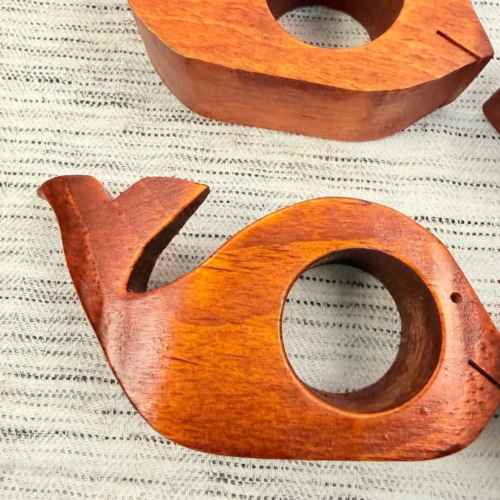 Hand-carved Wooden Whale‎ Napkin Rings Set of 4 Nautical Coastal Dinner Party